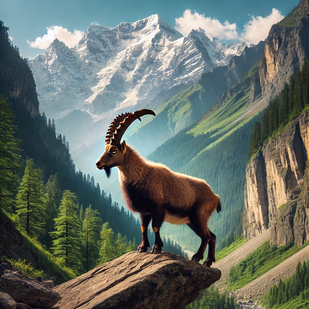 DALL·E 2025 03 18 23.20.52 A majestic Himalayan ibex standing on a rocky cliff in Kinnaur India. The background features lush green valleys towering snow capped peaks and a c
