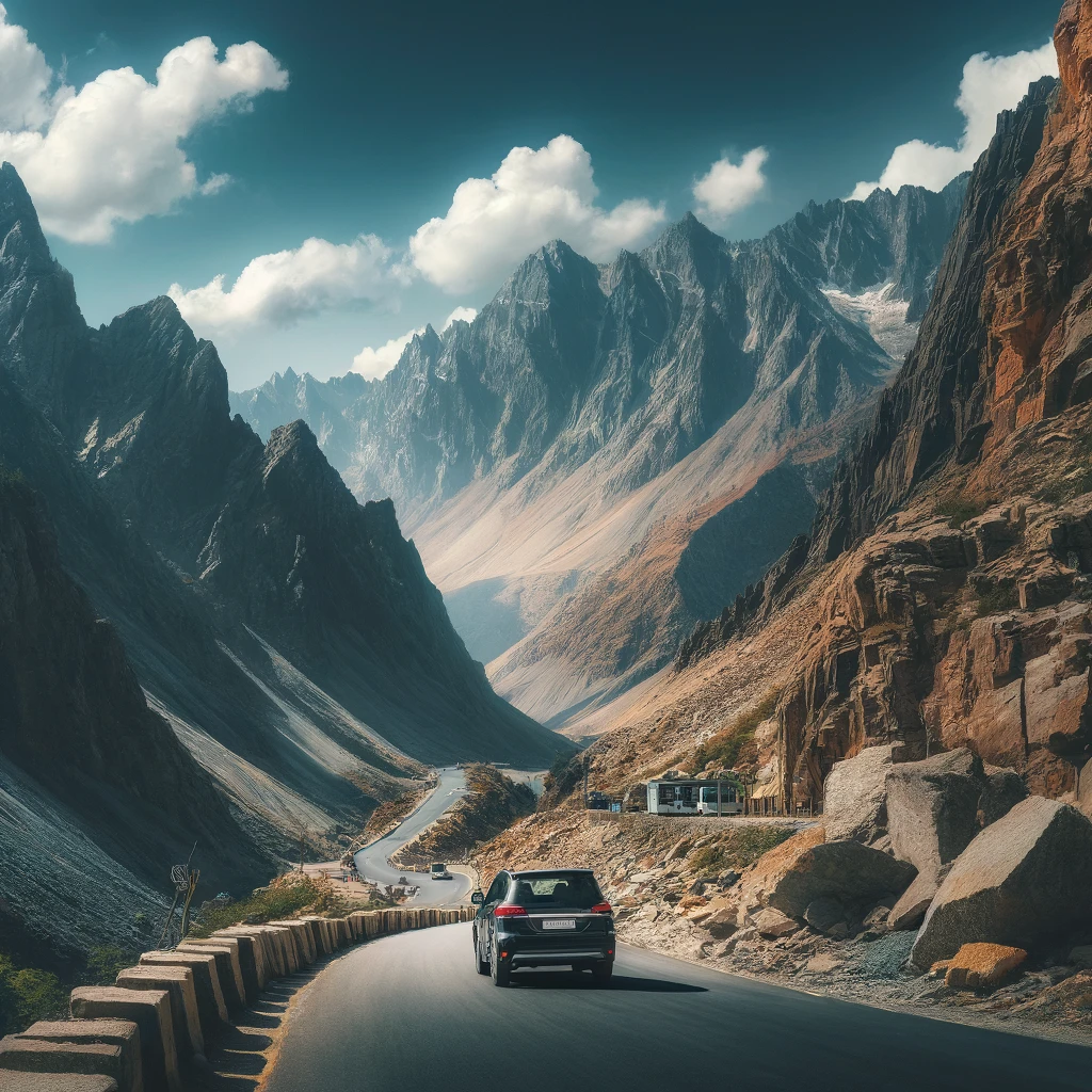 DALL·E 2025 03 18 23.22.44 A scenic mountain road in Kinnaur India winding through rugged terrain. A car is driving through the landscape surrounded by towering peaks deep v