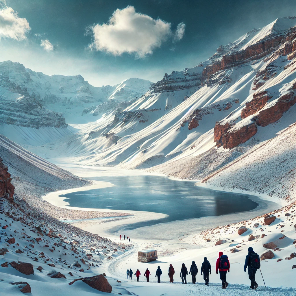 DALL·E 2025 03 19 22.47.08 A breathtaking winter landscape in Spiti Valley India. Snow covered mountains a frozen lake and a group of travelers in warm winter gear exploring 1 1