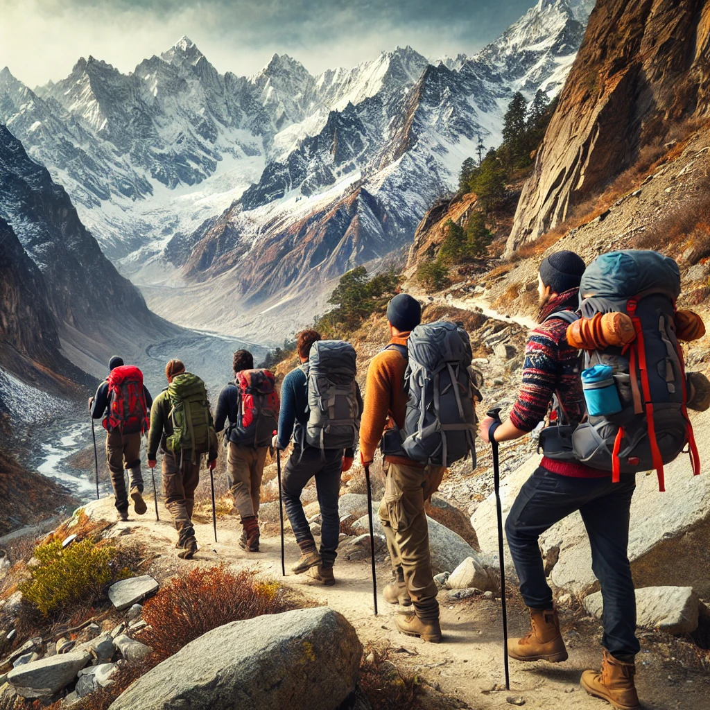 DALL·E 2025 03 19 22.47.11 A group of hikers trekking through a high altitude Himalayan trail in Kinnaur India. Snow capped peaks in the background rugged trails and a scenic 1