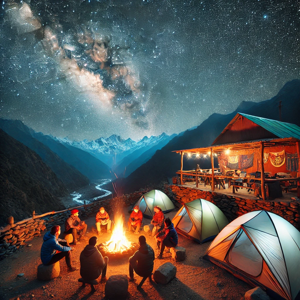 DALL·E 2025 03 19 23.21.15 A cozy campsite in the Himalayan mountains under a clear starlit sky. A group of travelers sitting around a bonfire enjoying the warmth. The tents a